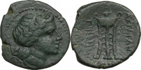 Sicily. Akragas. AE 23 mm, c. 240-212 BC. Obv. Laureate head of Apollo right. Rev. ΑΚΡΑΓΑΝ/ΤΙΝΩΝ. Tripod. HGC 2 156; CNS I 142; SNG ANS 138/9. AE. 6.7...