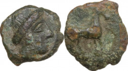 Sicily. Eryx. AE 10.5 mm, c. 4th century BC. Obv. Female head right. Rev. Horse standing right. HGC 2 329; CNS I 16. AE. 0.84 g. 10.50 mm. RR. VF.