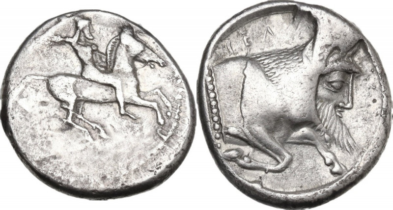 Sicily. Gela. AR Didrachm, c. 490/85-480/75 BC. Obv. Horseman riding right, thro...