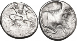 Sicily. Gela. AR Didrachm, c. 490/85-480/75 BC. Obv. Horseman riding right, throwing spear. Rev. CEΛΑΣ. Forepart of man-headed bull right within circu...