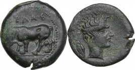 Sicily. Gela. AE Tetras or Trionkion, c. 420-405 BC. Obv. Bull standing left; ΓΕΛΑΣ above; three pellets (mark of value) in exergue. Rev. Horned head ...