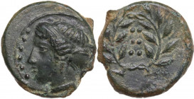 Sicily. Himera. AE Hemilitron-Hexonkion, c. 415-409 BC. Obv. Female head left, wearing sphendone; before, six pellets. Rev. Six pellets; all within la...