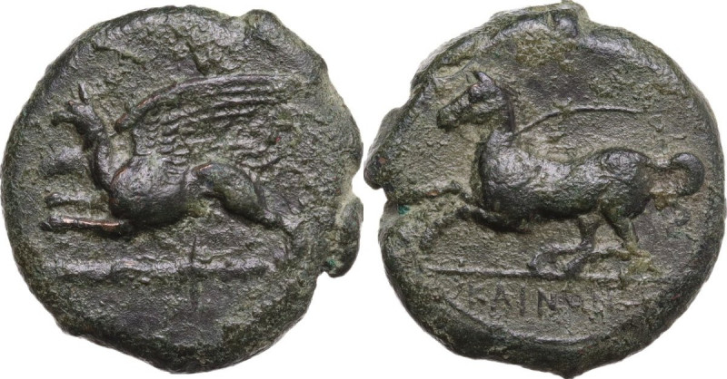 Sicily. Kainon. AE 23 mm, c. 360-340 BC. Obv. Griffin springing left above cloud...