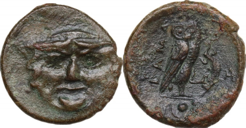 Sicily. Kamarina. AE Onkia, c. 420-410 BC. Obv. Gorgoneion facing, tongue slight...