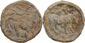 Sicily. Katane. PB Votive (?) 'Tetradrachm', struck with hybrid dies of AR Tetradrachm. 5th century BC. Obv. Charioteer, holding goad and reins, drivi...