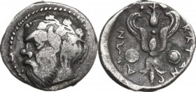 Sicily. Katane. AR Litra, c. 410-405 BC. Obv. Bearded head of Silenos left, wearing ivy wreath. Rev. ΚΑΤΑΝ-ΑΙΩΝ. Winged thunderbolt; shields to left a...