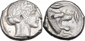 Sicily. Leontini. AR Tetradrachm, c. 450-440 BC. Obv. Laureate head of Apollo right. Rev. LEONTINON. Head of roaring lion right, four barley grains ar...