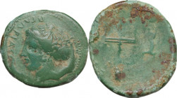 Sicily. Messana. AE Hemilitron, c. 411-408 BC. Obv. ΠΕΛΩΡΙΑΣ. Head of nymph Pelorias left; two dolphins around. Rev. [ΜΕΣΣΑΝΙΩΝ]. Trident; to left, sc...