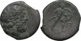 Sicily. Messana. The Mamertinoi. AE Pentonkion, c. 211-208 BC. Obv. Laureate head of Zeus right. Rev. Warrior, holding spear and shield, advancing rig...