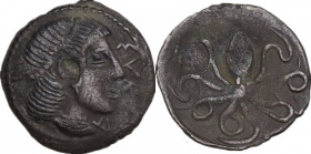 Sicily. Syracuse. Second Democracy (466-405 BC). AR Litra, c. 460-405 BC. Obv. ΣVRA. Head of Arethusa right, wearing pearl tainia. Rev. Octopus. HGC 2...