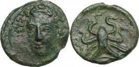 Sicily. Syracuse. Dionysios I (405-367 BC). AE Tetras, c. 405 BC. Obv. Facing head of Arethusa slightly left, wearing necklace. Rev. Octopus. HGC 2 14...