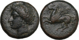 Sicily. Syracuse. Timoleon and the Third Democracy (344-317 BC). AE Litra, c. 334-317 BC. Obv. Wreathed head of Persephone left, wearing triple-penden...