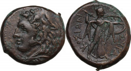 Sicily. Syracuse. Pyrrhos (278-276 BC). AE 24 mm. Obv. Head of Herakles right, wearing lion’s skin headdress. Rev. ΣYPAKO - ΣIΩN. Athena Promachos adv...