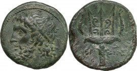Sicily. Syracuse. Hieron II (275-215 BC). AE Litra, c. 240-215 BC. Obv. Diademed head of Poseidon left. Rev. Ornamented trident head flanked by two do...