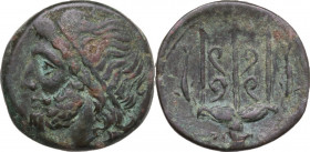 Sicily. Syracuse. Hieron II (275-215 BC). AE Litra, c. 240-215 BC. Obv. Diademed head of Poseidon left. Rev. Ornamented trident head flanked by two do...