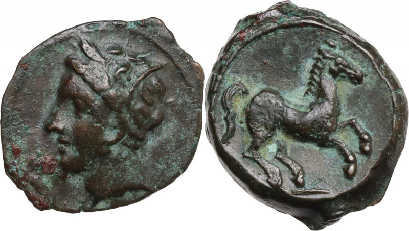 Punic Sardinia. AE Unit, c. 375-350 BC. Obv. Wreathed head of Triptolemos left, ...