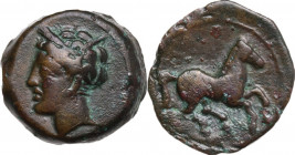 Punic Sardinia. AE Unit, c. 375-350 BC. Obv. Wreathed head of Triptolemos left, wearing circular earring. Rev. Rearing horse right. Lulliri pl. 23, 46...