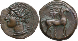 Punic Sardinia. AE 17 mm. c. 360-330 BC, uncertain mint. Obv. Wreathed head of Kore left, wearing triple-pendant earring. Rev. Horse standing right; i...