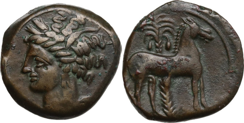 Punic Sardinia. AE 16.5 mm. c. 360-330 BC, uncertain mint. Obv. Wreathed head of...