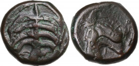 Punic Sardinia. AE 17 mm. Circa 350/40-320/300 BC. Uncertain mint. Obv. Palm tree with two clusters of dates. Rev. Horse's head (?). Lulliri pl. 1, 4;...