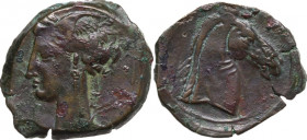 Punic Sardinia. AE 22 mm. c. 300-264 BC. Uncertain mint. Obv. Wreathed head of Kore left, wearing triple-pendant earring. Rev. Horse's head right. Lul...
