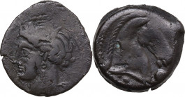 Punic Sardinia. AE 20 mm. c. 300-264 BC. Uncertain mint. Obv. Wreathed head of Kore left; [below neck, pellet ?]. Rev. Horse's head right; before, glo...