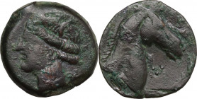 Punic Sardinia. AE 19.5 mm. c. 300-264 BC. Uncertain mint. Obv. Wreathed head of Kore left. Rev. Horse's head right; before, three pellets. Cf. Lullir...