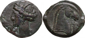 Punic Sardinia. AE 21.5 mm. c. 300-264 BC. Uncertain mint. Obv. Wreathed head of Kore left, wearing triple-pendant earring. Rev. Horse's head right; b...