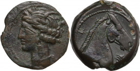 Punic Sardinia. AE 19.5 mm. c. 300-264 BC. Uncertain mint. Obv. Wreathed head of Kore left. Rev. Horse's head right; on head, pellet; before, palm tre...