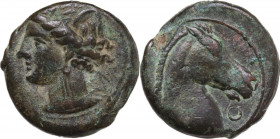 Punic Sardinia. AE 19 mm. c. 300-264 BC. Uncertain mint. Obv. Wreathed head of Kore left, wearing triple-pendant earring. Rev. Horse's head right; bef...