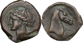 Punic Sardinia. AE 19 mm. uncertain mint, c. 300-264 BC. Obv. Wreathed head of Kore left, wearing triple-pendant earring; behind, two pellets. Rev. Ho...