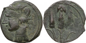 Punic Sardinia. AE Shekel (?). Circa 241-215 BC. Uncertain mint. Obv. Wreathed head of Kore left, wearing triple-pendant earring. Rev. Three corn-ears...