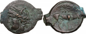 Punic Sardinia. AE 25 mm. c. 241-238/215 BC. Obv. Wreathed head of Kore left, wearing earring. Rev. Bull standing right; above, star. Lulliri pl. 20, ...