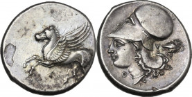Continental Greece. Akarnania, Thyrreium. AR Stater, c. 320-280 BC. Obv. Pegasos flying left; below, P. Rev. Helmeted head of Athena left; Θ before, Λ...