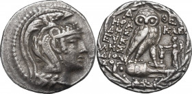 Continental Greece. Attica, Athens. AR Tetradrachm. New Style coinage. Herakleides, Eukles(i)–, and Dionyso(s), magistrates. Struck 105/4 BC. Obv. Hea...