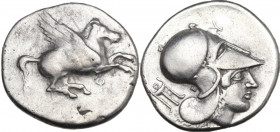 Continental Greece. Corinthia, Corinth. AR Stater, c. 405-345 BC. Obv. Pegasos flying right; below, Ϙ. Rev. Head of Athena to right, wearing Corinthia...