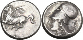 Continental Greece. Corinthia, Corinth. AR Stater, c. 375-300 BC. Obv. Pegasos flying left; koppa below. Rev. Helmeted head of Athena left; ; [A below...