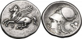 Continental Greece. Corinthia, Corinth. AR Stater, c. 350/45-285 BC. Obv. Pegasos flying left; koppa below. Rev. Helmeted head of Athena left; A below...