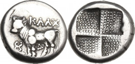 Greek Asia. Bithynia, Calchedon. AR Drachm, c. 387/6-340 BC. Obv. KAΛX. Bull standing left; caduceus before; Δ below. Rev. Quadripartite incuse square...