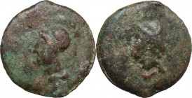 Dioscuri/ Mercury series. AE Cast Semis, c. 280-276 BC. Obv. Head of Minerva left, wearing Corinthian helmet; below, S. Rev. Female head left; below, ...