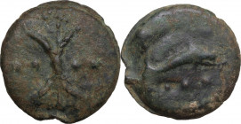 Dioscuri/Mercury series. AE Cast Triens, c. 275-270 BC. Obv. Thunderbolt; on either side, two pellets. Rev. Dolphin right; below, four pellets. Cr. 14...