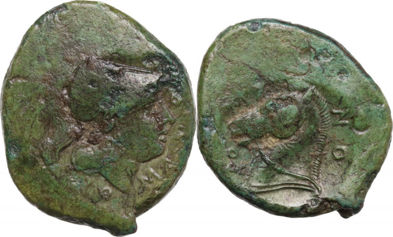 Anonymous. AE Half Unit, Neapolis mint(?), after 276 BC. Obv. Helmeted head of M...