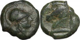 Anonymous. AE Half Unit, Neapolis mint(?), after 276 BC. Obv. Helmeted head of Minerva right; to right, ROMANO upwards. Rev. Horse's head left on base...