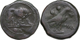 Anomalous Semilibral series. AE Sextans, c. 217-215 BC. Obv. She-wolf suckling twins; in exergue, two pellets. Rev. ROMA. Eagle standing right, holdin...
