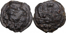 Corn-ear series. AE Cast Quadrans, 216 BC. Sicily. Obv. Head of Hercules left, wearing lion's skin; below, three pellets. Rev. Prow left; above, corn-...