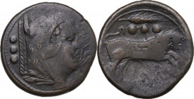 Corn-ear series. AE Quadrans, 214-212 BC, Sicily. Obv. Head of Hercules right, wearing boar's skin; behind, three pellets. Rev. Bull charging right; c...