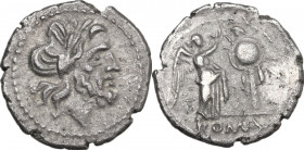 Anonymous. AR Victoriatus, from 211 BC. Obv. Laureate head of Jupiter right. Rev. Victory standing right, crowning trophy; in exergue, ROMA. Cr. 44/1....