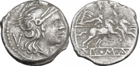 Anonymous. AR Quinarius, uncertain Sicilian mint (Lilybaeum?), 215 BC. Obv. Helmeted head of Roma right; behind, V. Rev. The Dioscuri galloping right;...