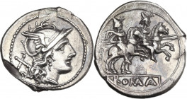 Anonymous. AR Denarius, uncertain Campanian mint (Capua?), 209 BC. Obv. Helmeted head of Roma right; behind, X. Rev. The Dioscuri galloping right; in ...