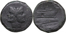 Sextantal series. AE As, after 211 BC. Obv. Laureate head of Janus; above, I. Rev. Prow right; above, I; below, ROMA. Cr. 56/2. AE. 45.98 g. 36.50 mm....